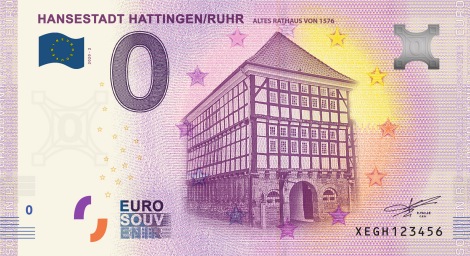 Der dritte Hattinger 0 Euro-Souvenirschein zeigt das Alte Rathaus von 1576 und hat die Codierung XEGH 2020-2